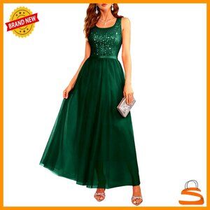 Sequin Mesh Maxi Dress Formal Prom Wedding A-Line Sleeveless